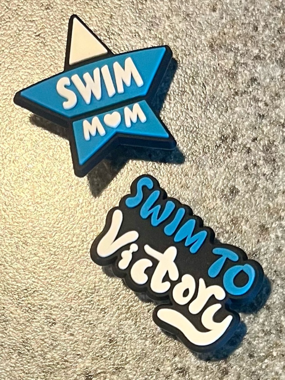 Kids Swim Shoe Charms - Blue/White "Swim Mom" & "Swim to Victory"